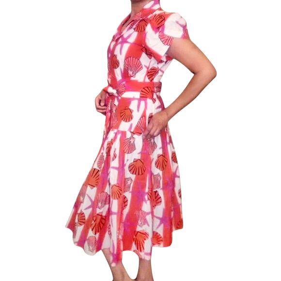 LHD Glades sea shell starfish striped cotton button up belted midi dress Size 8 - Picture 5 of 12